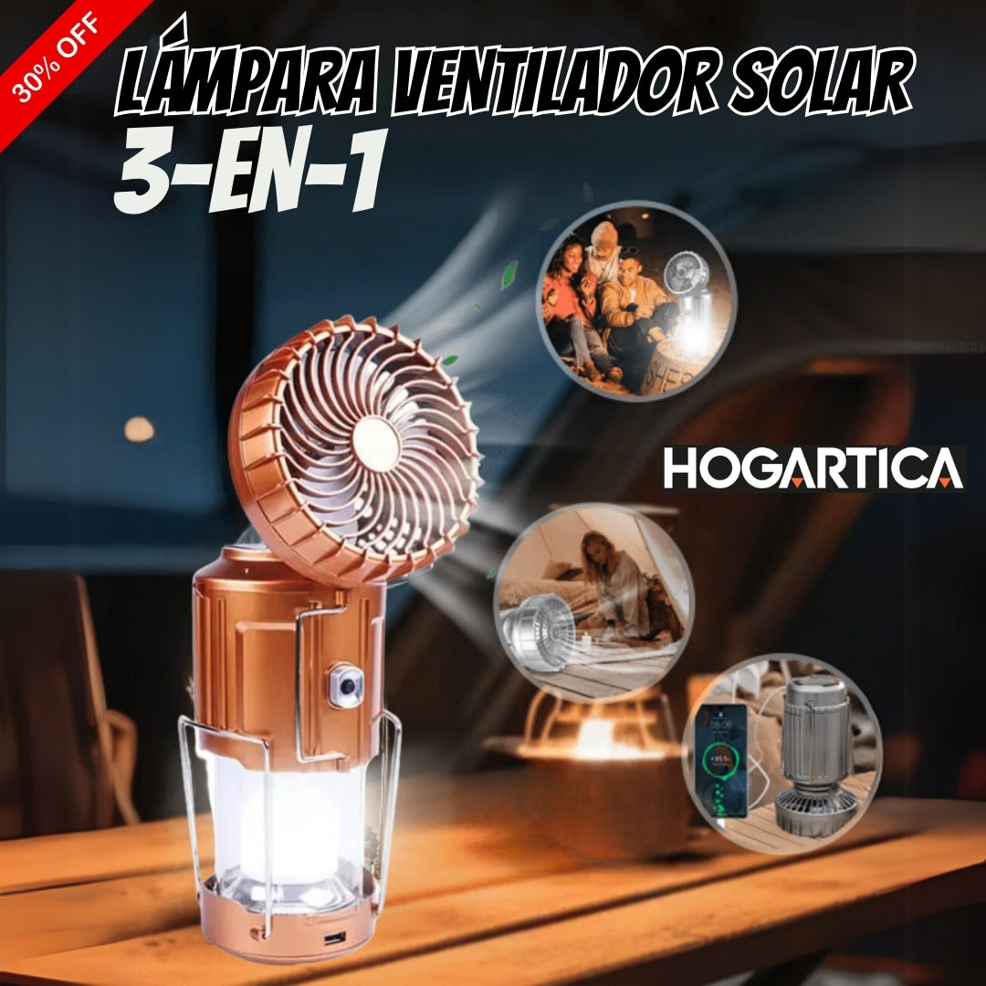 Linterna Ventilador Solar 3 en 1 ¡Ilumina, ventila y recarga donde estés!