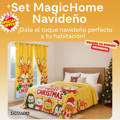 MagicHome Set™ — 2 Cortinas + Cobija Navideña en Piel de Durazno 🎅🎄